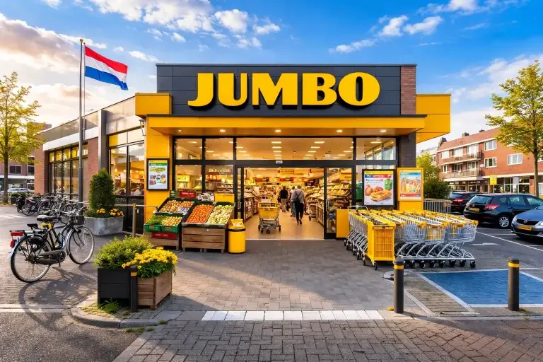 Jumbo winkel met klanten en winkelwagens bij ingang