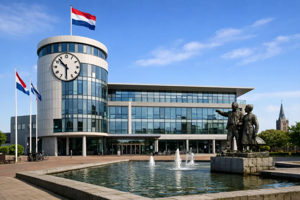 Modern stadhuis met toren en fontein in Den Helder