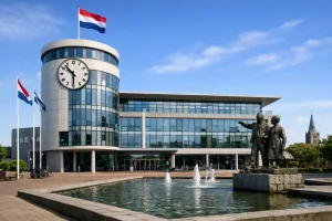 Bedrijven in Den helder Modern stadhuis met toren en fontein in Den Helder