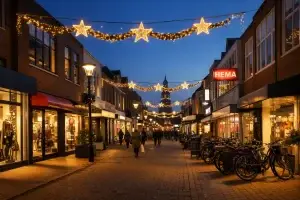 Bedrijven in Den helder Verlichte winkelstraat in Den Helder tijdens koopavond in de avondschemering