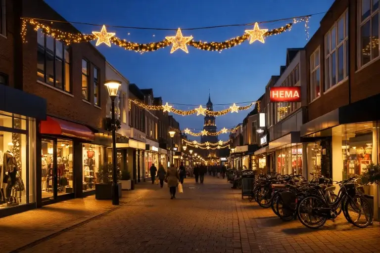 Verlichte winkelstraat in Den Helder tijdens koopavond in de avondschemering