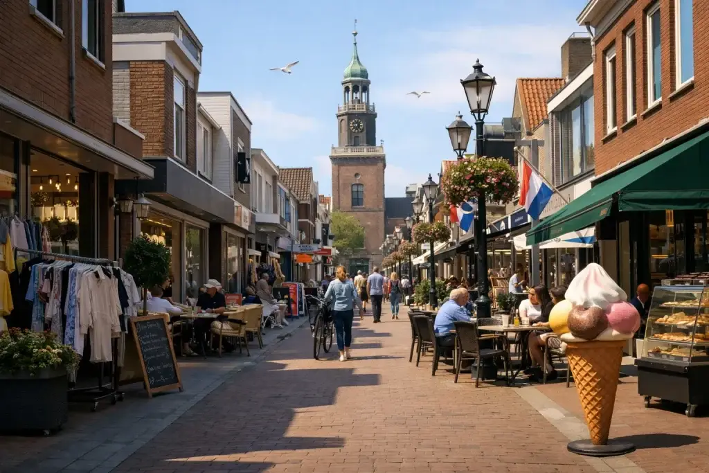 Drukke winkelstraat in Den Helder op zondag met terrassen en winkels