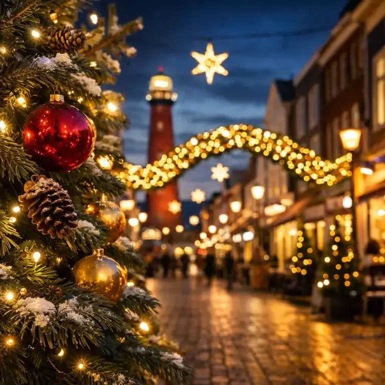 Verlichte winkelstraat met kerstdecoratie in Den Helder