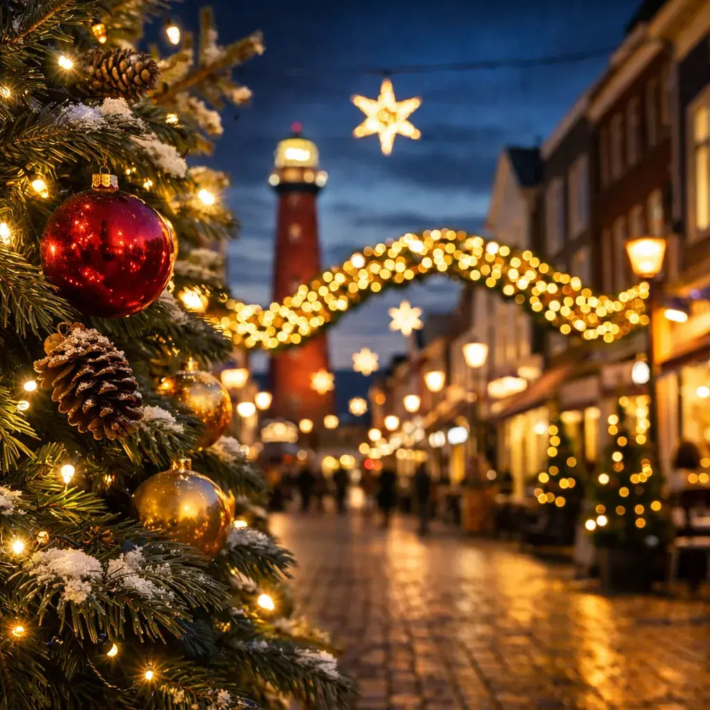 Verlichte winkelstraat met kerstdecoratie in Den Helder