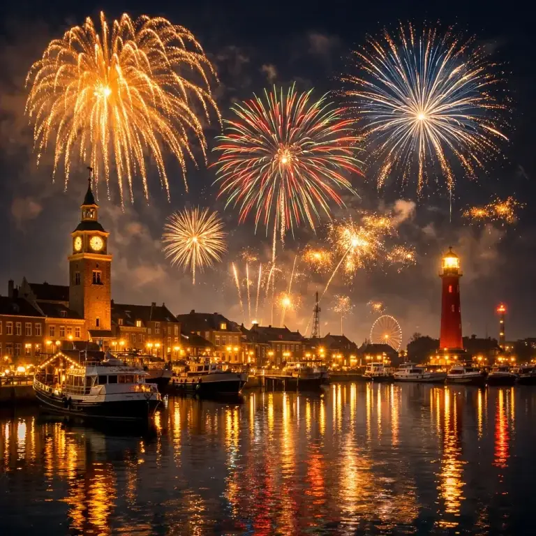 Vuurwerk boven haven Den Helder met vuurtoren en boten