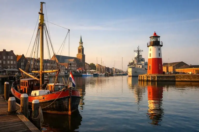 Realistische haven in Den Helder met boot en vuurtoren