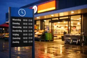 Bedrijven in Den helder Supermarkt ingang met openingstijdenbord in Den Helder