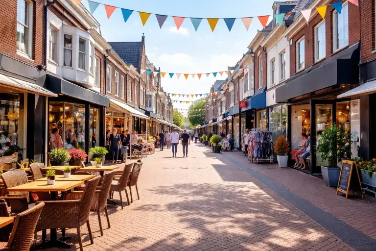 Drukke winkelstraat in Den Helder met winkels en mensen