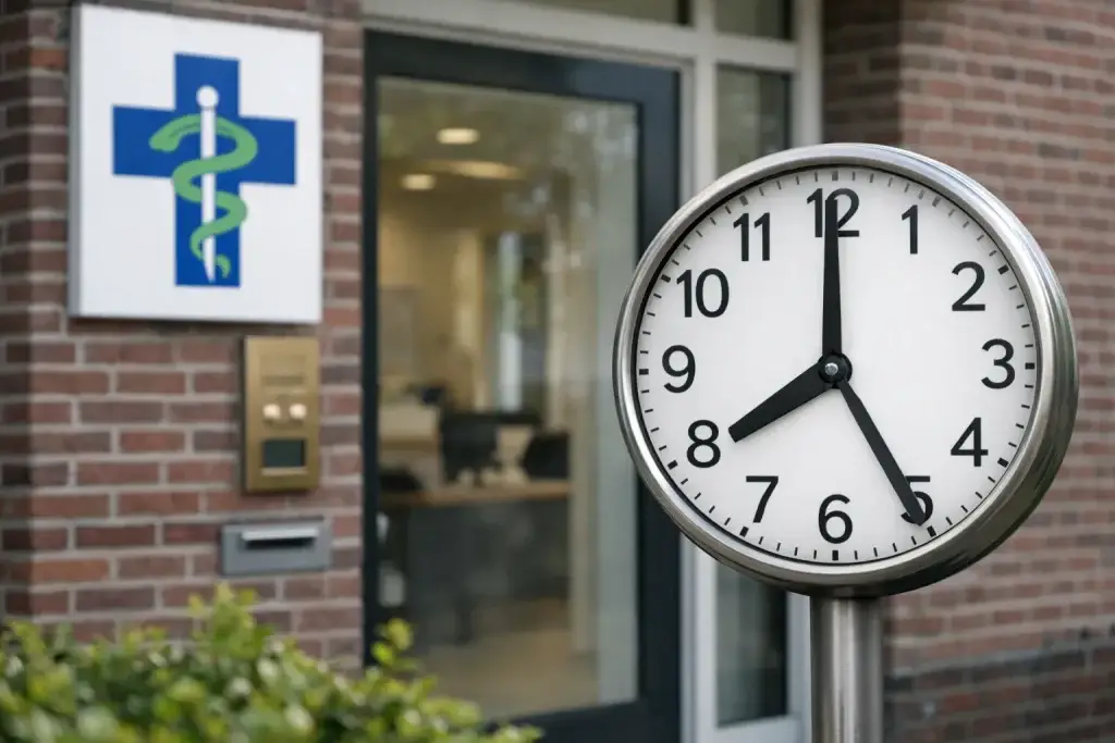 Ingang van huisartsenpraktijk met klok buiten in Den Helder