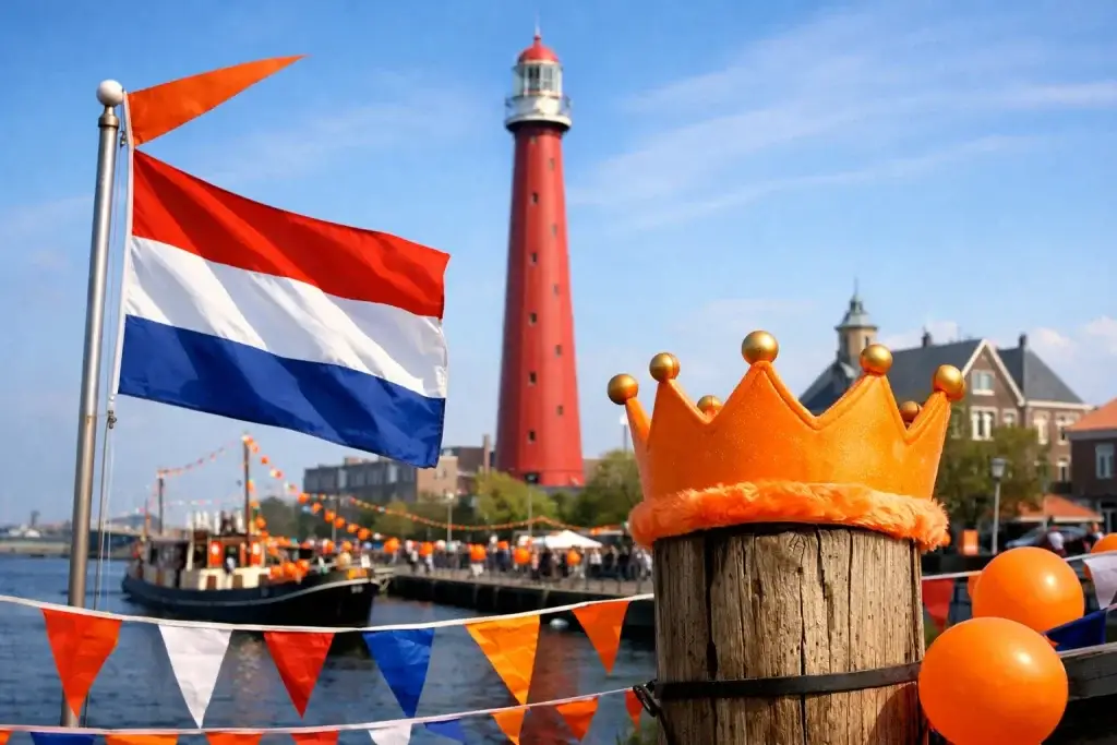 Drukke straat in Den Helder tijdens Koningsdag met feestende mensen