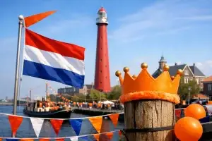 Bedrijven in Den helder Drukke straat in Den Helder tijdens Koningsdag met feestende mensen