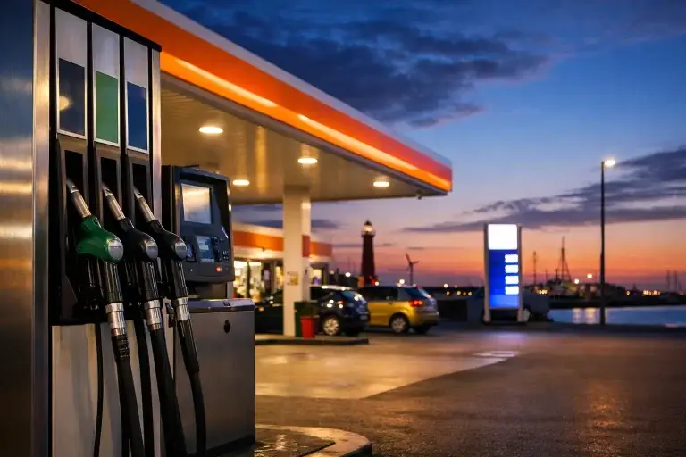 Tankstation met pompen en haven op de achtergrond in Den Helder